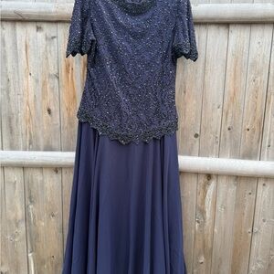 Brilliante By J.A. Women's Dark Blue Beaded Long Dress (Size: M) Pre-owned